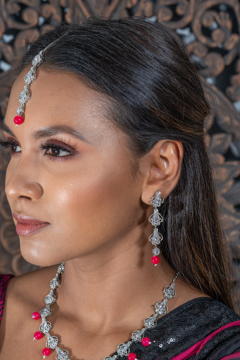 || CHARITA RED || Silver Necklace with Earrings & Tikka with Red Beads