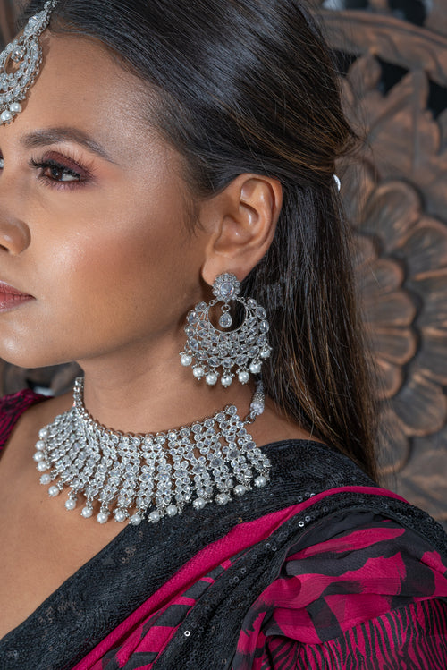 || CHITRA || Silver Necklace with Earrings & Tikka with White Pearls