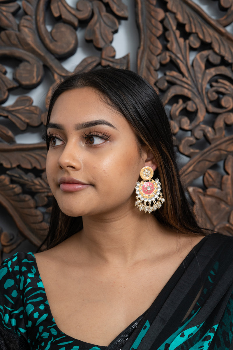 Dusty Pink & Yellow Meenakari Dangling Pearl Earrings