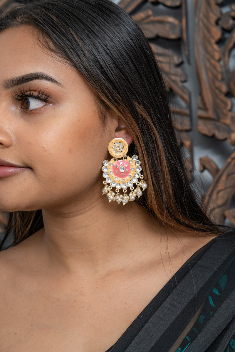 Dusty Pink & Yellow Meenakari Dangling Pearl Earrings