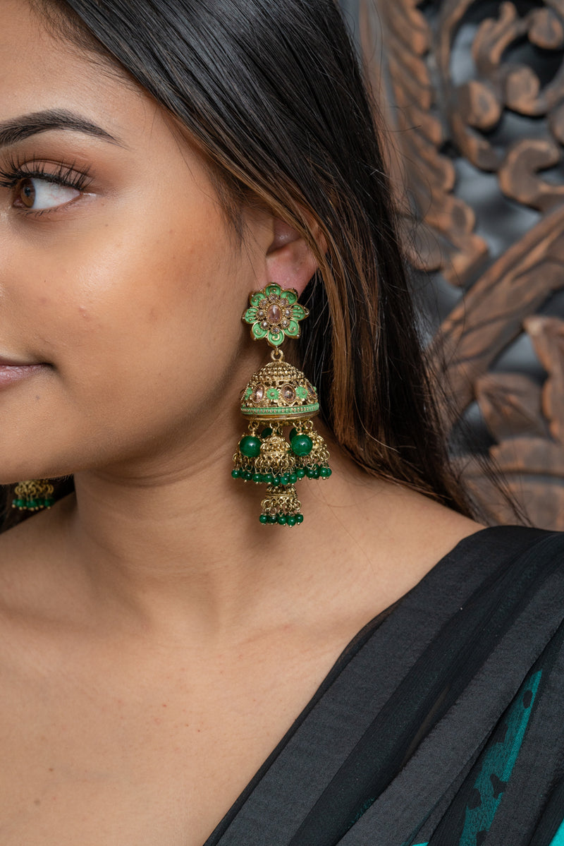 Green Pearl Large Jhumka Earrings