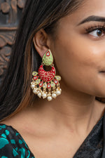 Lime Green & Red Meenakari Dangling Pearl Earrings