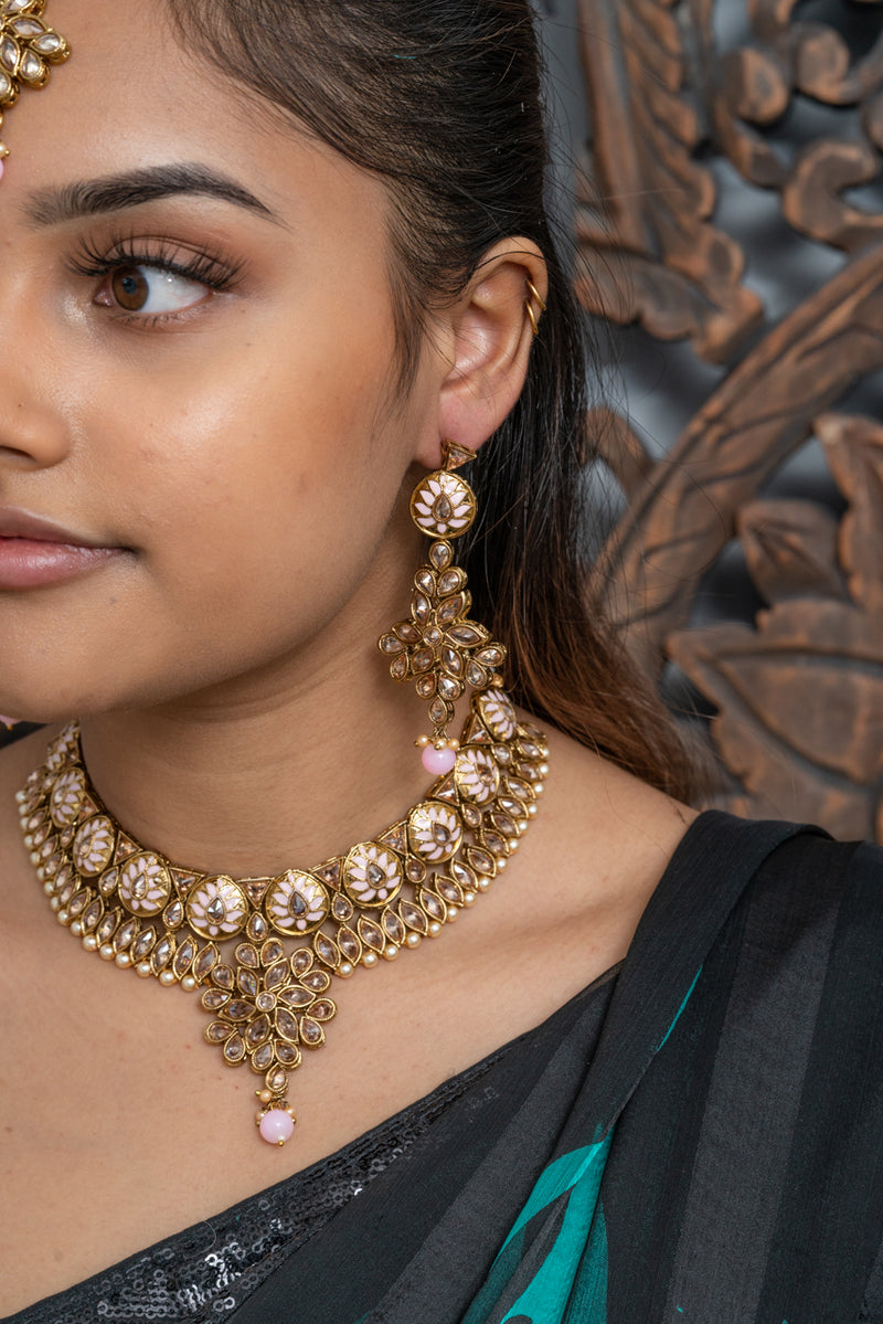 || POONAM PINK || Painted Floral Necklace with Earrings & Tikka