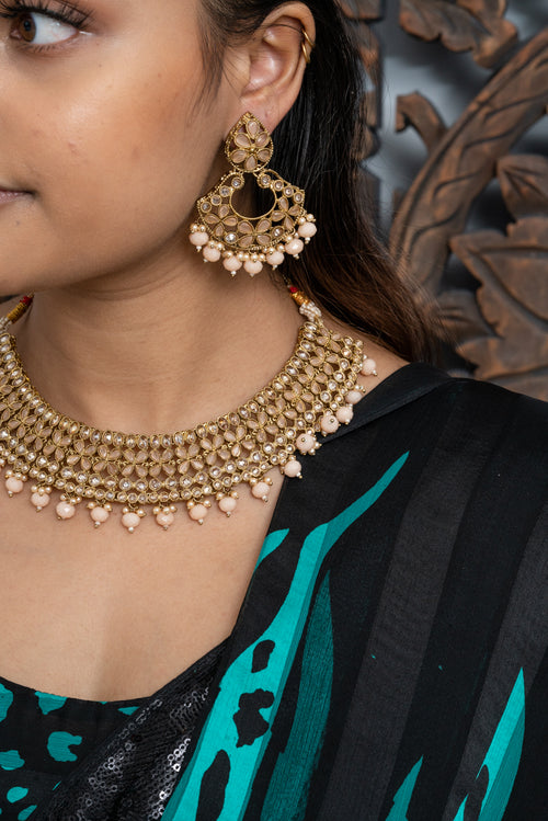 || NEHAH || Gold & Peach Necklace with Earrings & Tikka