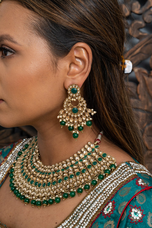 || KHUSH || Gold & Green Necklace with Earrings & Tikka