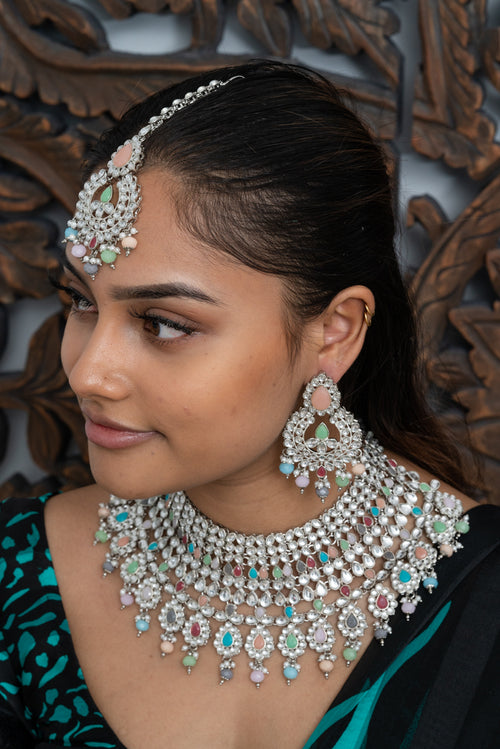 || DESIREE || Large Multi- Coloured Silver Necklace with Earrings & Tikka