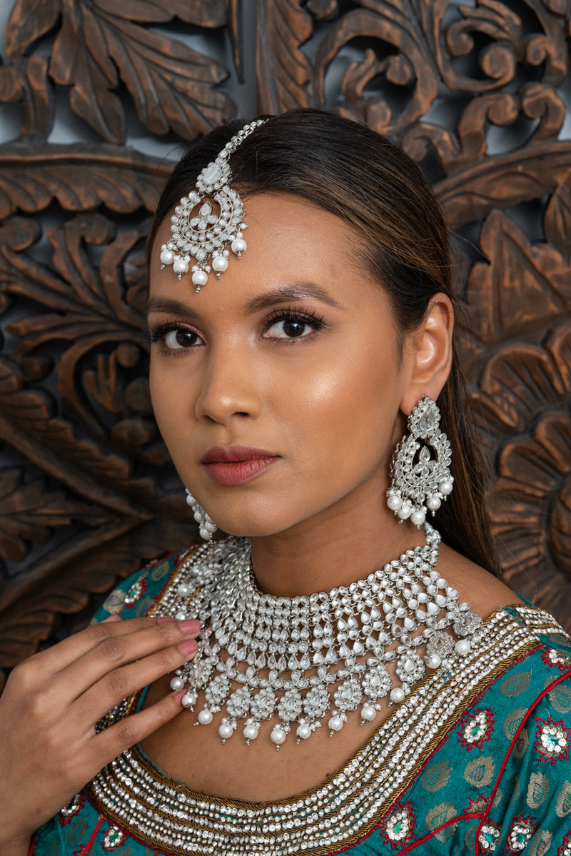 || NAREENA || Silver Necklace with Earrings & Tikka with White Pearls