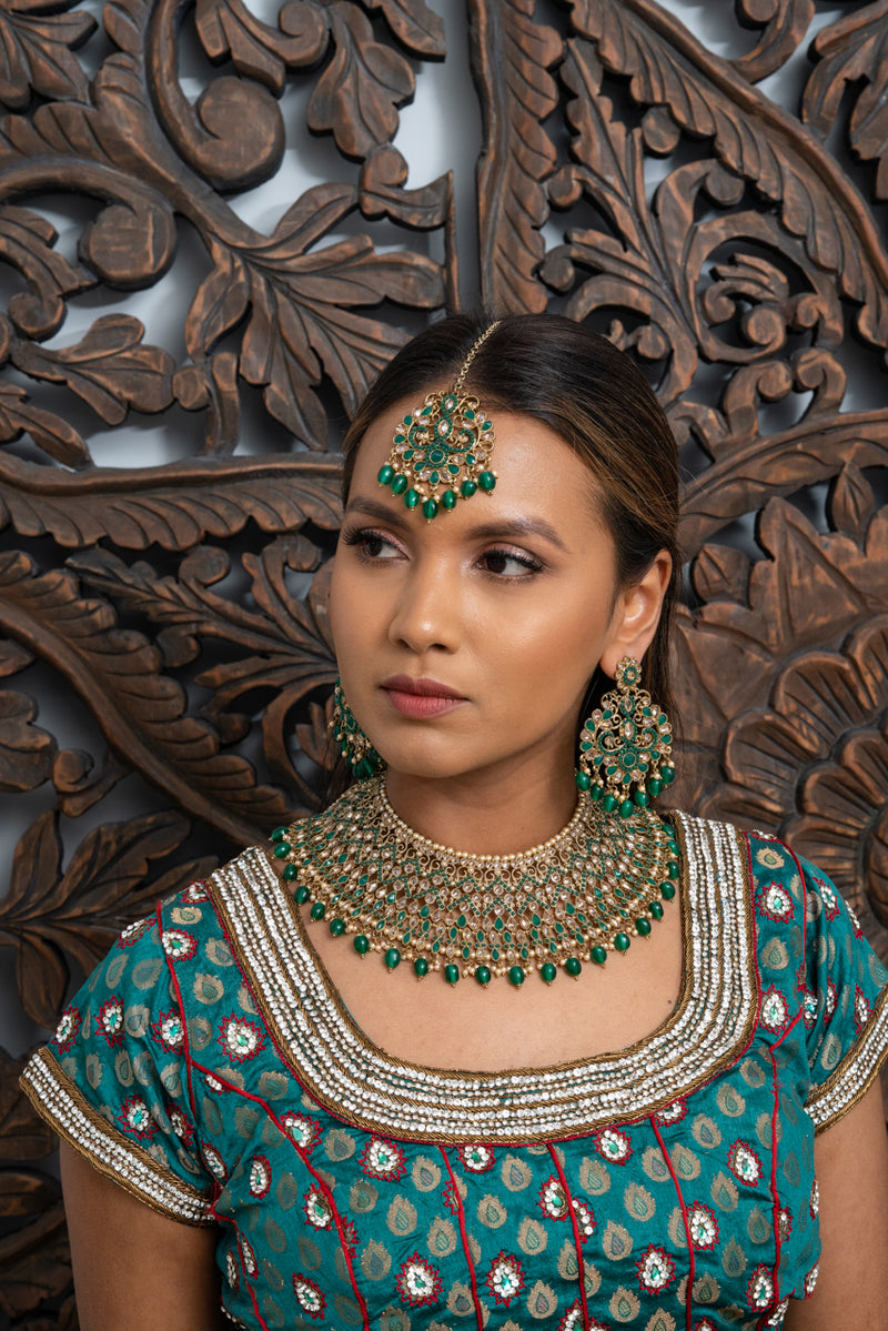 || SANAM || Statement Green Necklace with Earrings & Tikka
