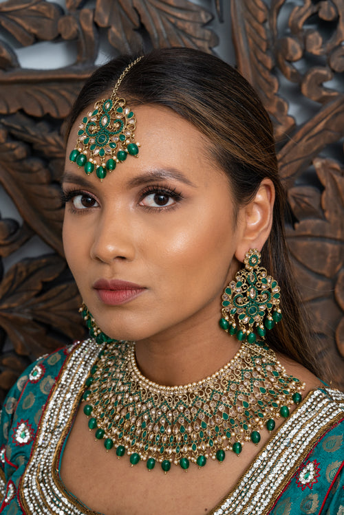 || SANAM || Statement Green Necklace with Earrings & Tikka