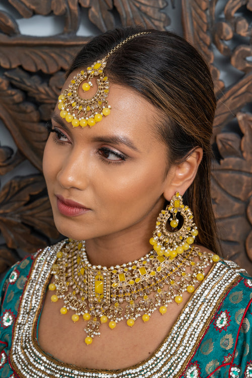 || MADHURI || Yellow Statement Necklace with Earrings & Tikka