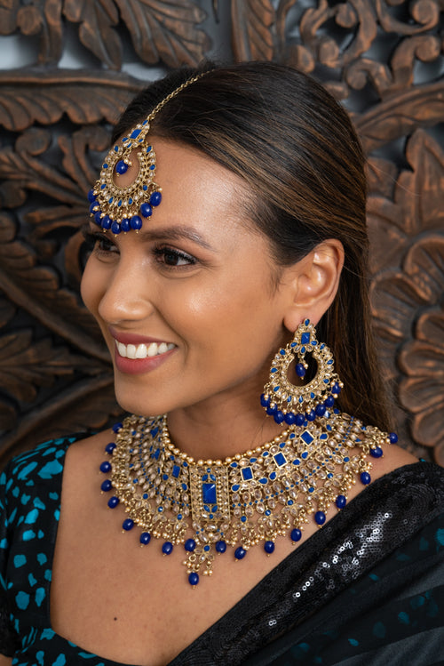 || KAZIRA || Blue Statement Necklace with Earrings & Tikka