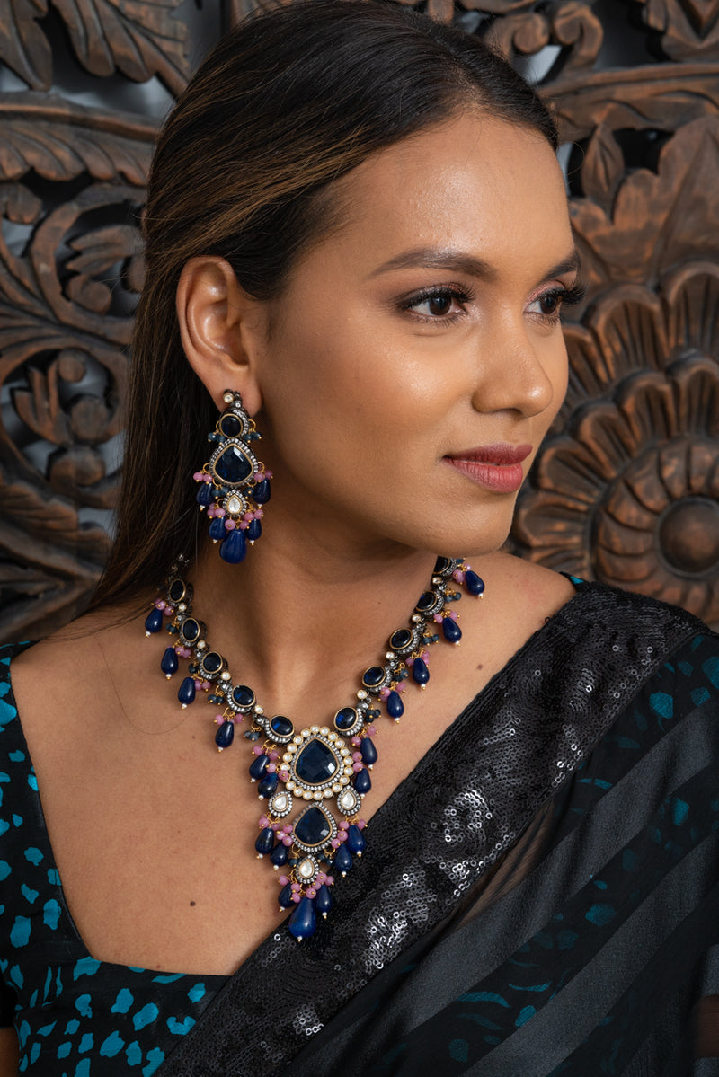 || CHANDNI || Western Style Necklace with Earrings in Blue & Pink Coloured Kundan Stones