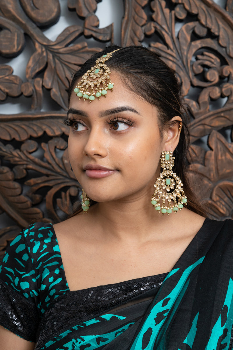 Mint Green & Gold Earrings & Tikka Set