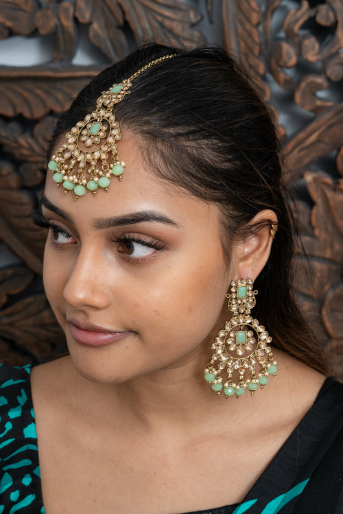 Mint Green & Gold Earrings & Tikka Set