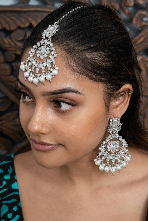 Silver & White Pearls Earrings & Tikka Set