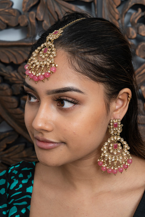 Pink & Gold Earrings & Tikka Set
