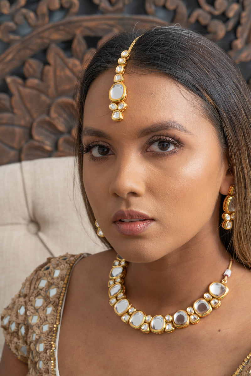 || MISSI || Simple Yellow Gold Kundan Necklace with Earrings & Tikka Set