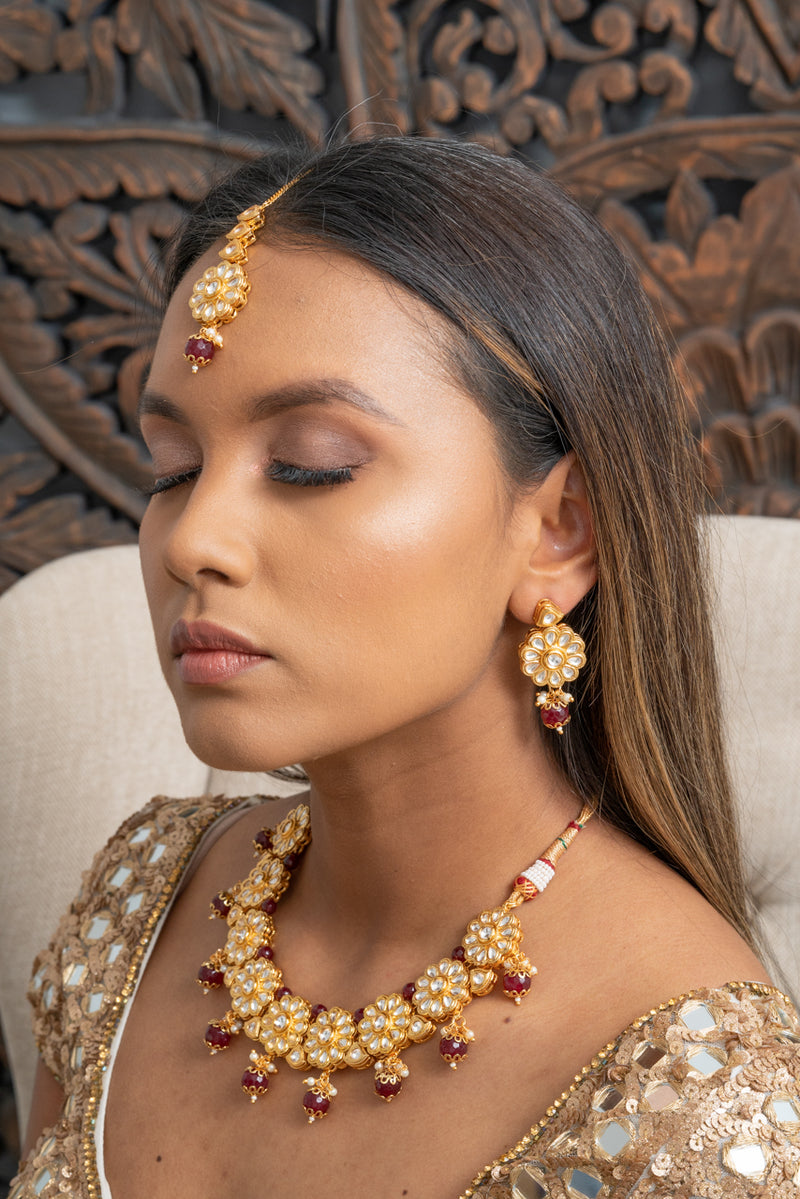 || CLEO || Yellow Gold Kundan Necklace with Earrings & Tikka Set