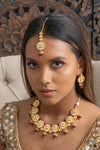 || CLEO || Yellow Gold Kundan Necklace with Earrings & Tikka Set