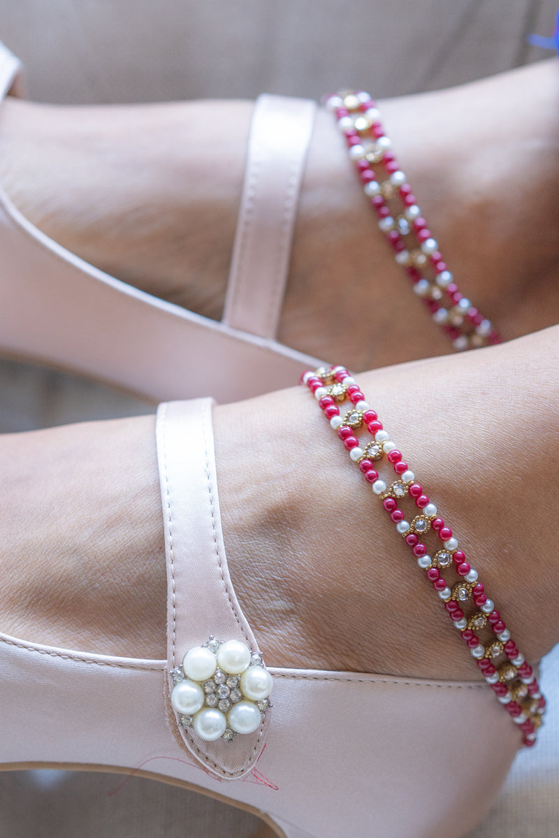 Double Red Beaded Anklets in Gold