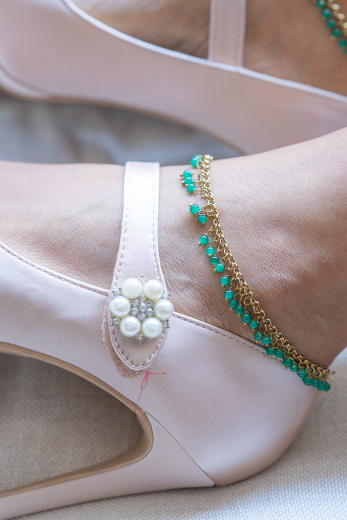 Dark Green Simple Beaded Anklets in Gold