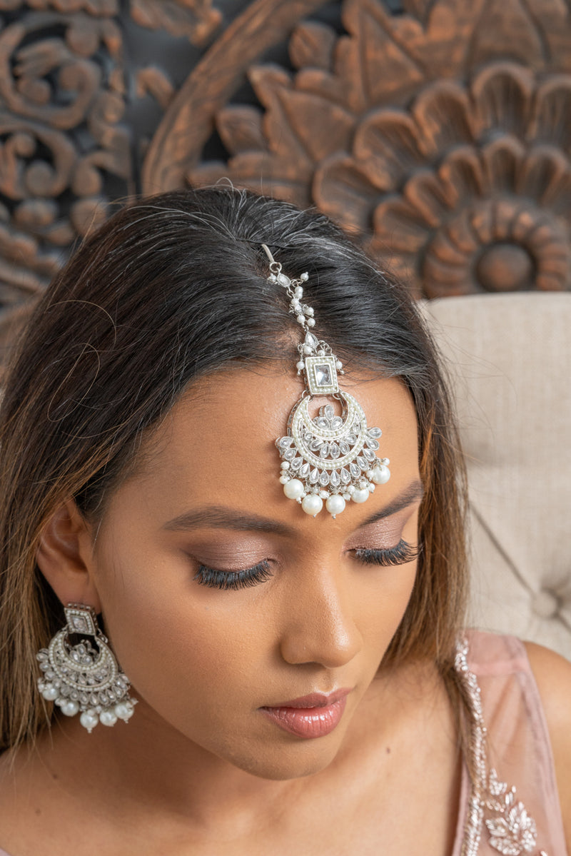 Silver & White Pearls Earrings & Tikka Set
