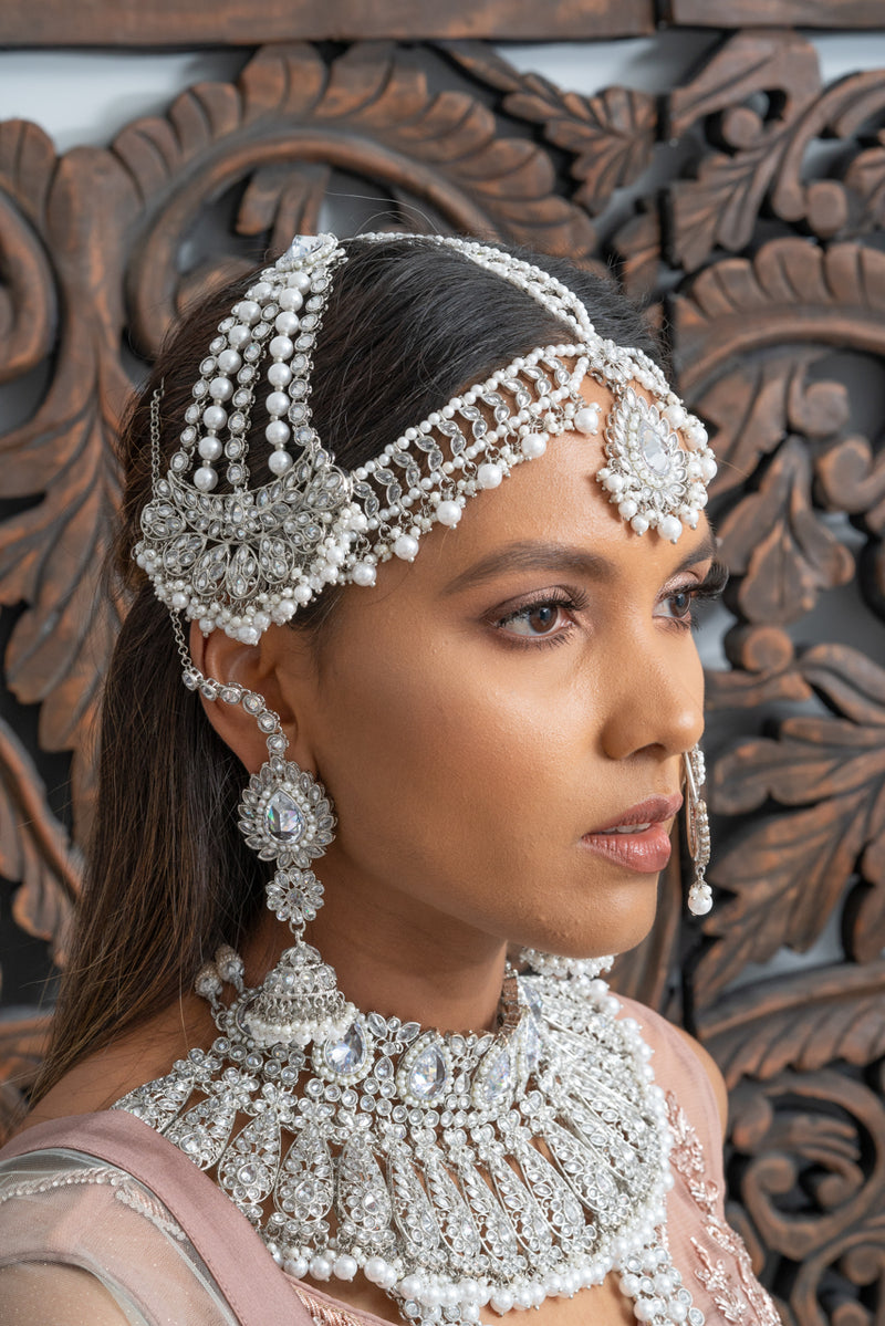 || HEAVEN || Full Silver Indian Bridal Set in White Pearls with Polki Stones