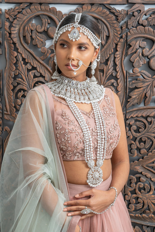 || HEAVEN || Full Silver Indian Bridal Set in White Pearls with Polki Stones
