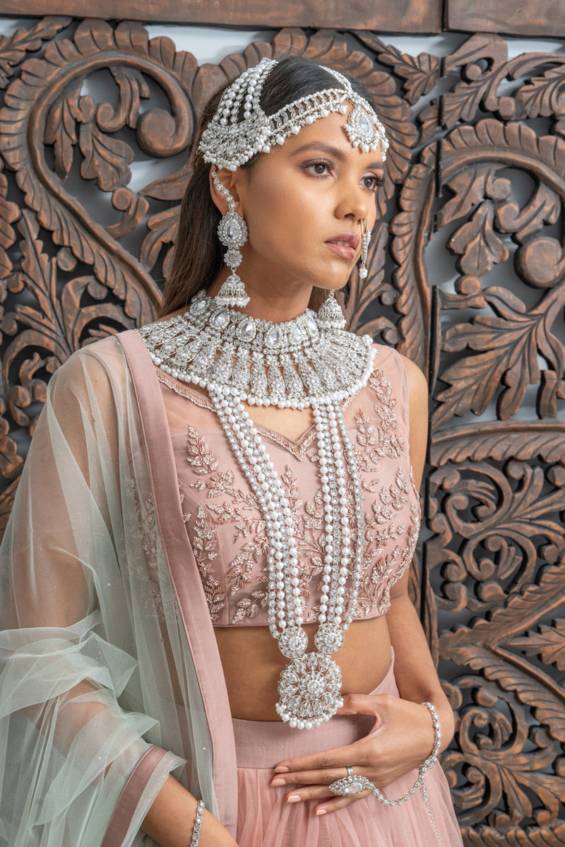 || HEAVEN || Full Silver Indian Bridal Set in White Pearls with Polki Stones