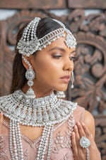 || HEAVEN || Full Silver Indian Bridal Set in White Pearls with Polki Stones