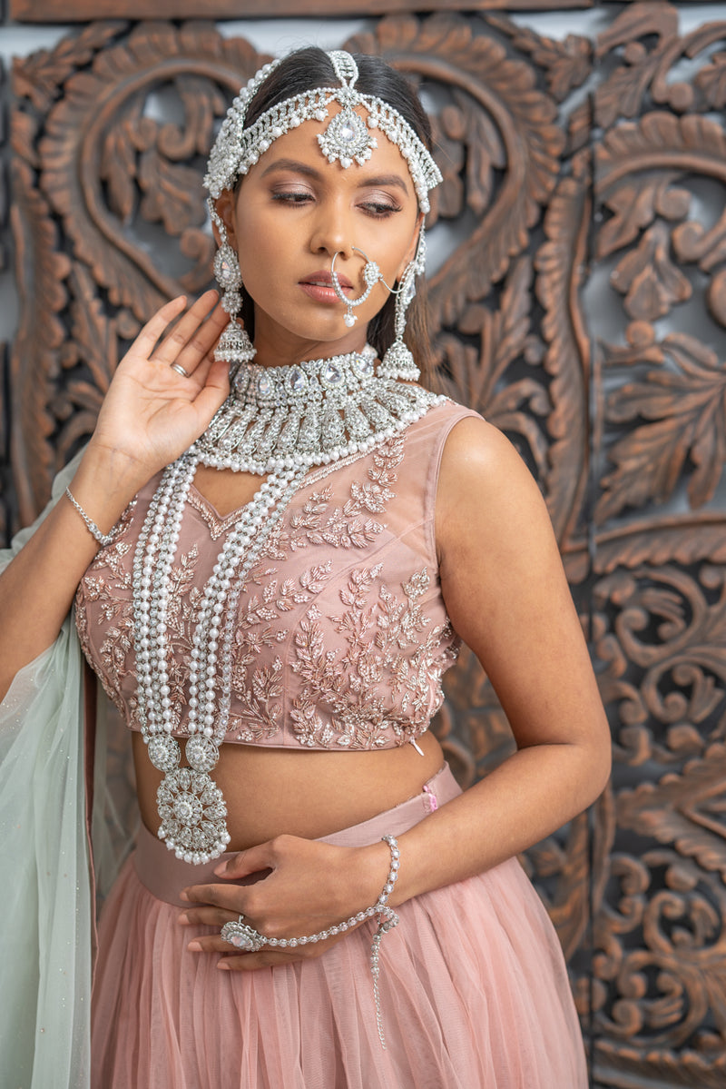 || HEAVEN || Full Silver Indian Bridal Set in White Pearls with Polki Stones