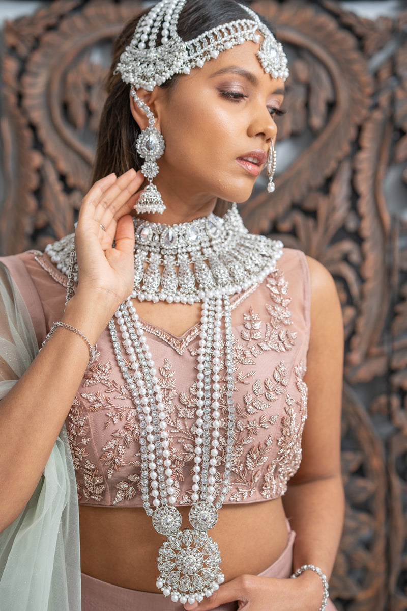 || HEAVEN || Full Silver Indian Bridal Set in White Pearls with Polki Stones