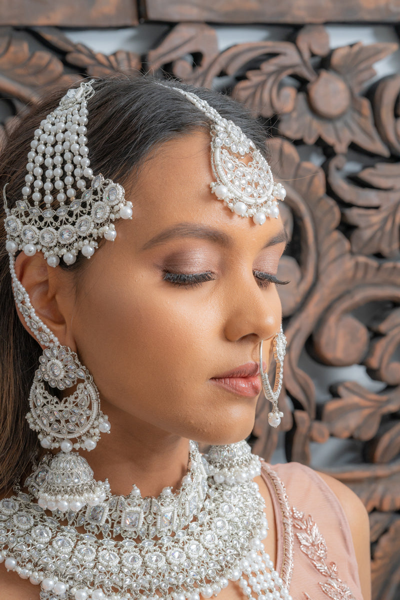 || RAINA || Full Silver Indian Bridal Set in White Pearls with Polki Stones