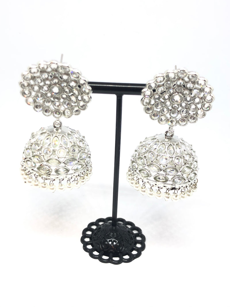 Silver Indian Big Jhumkas Round with White Pearls