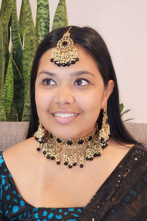 || PEARLA || Heavy Black Necklace & Earrings Set with Tikka
