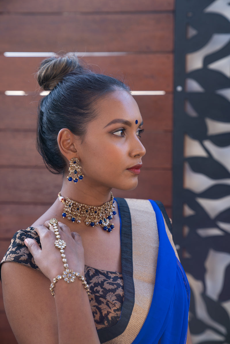 || SUKHI BLUE || Blue & Gold Beaded Necklace & Earrings Set