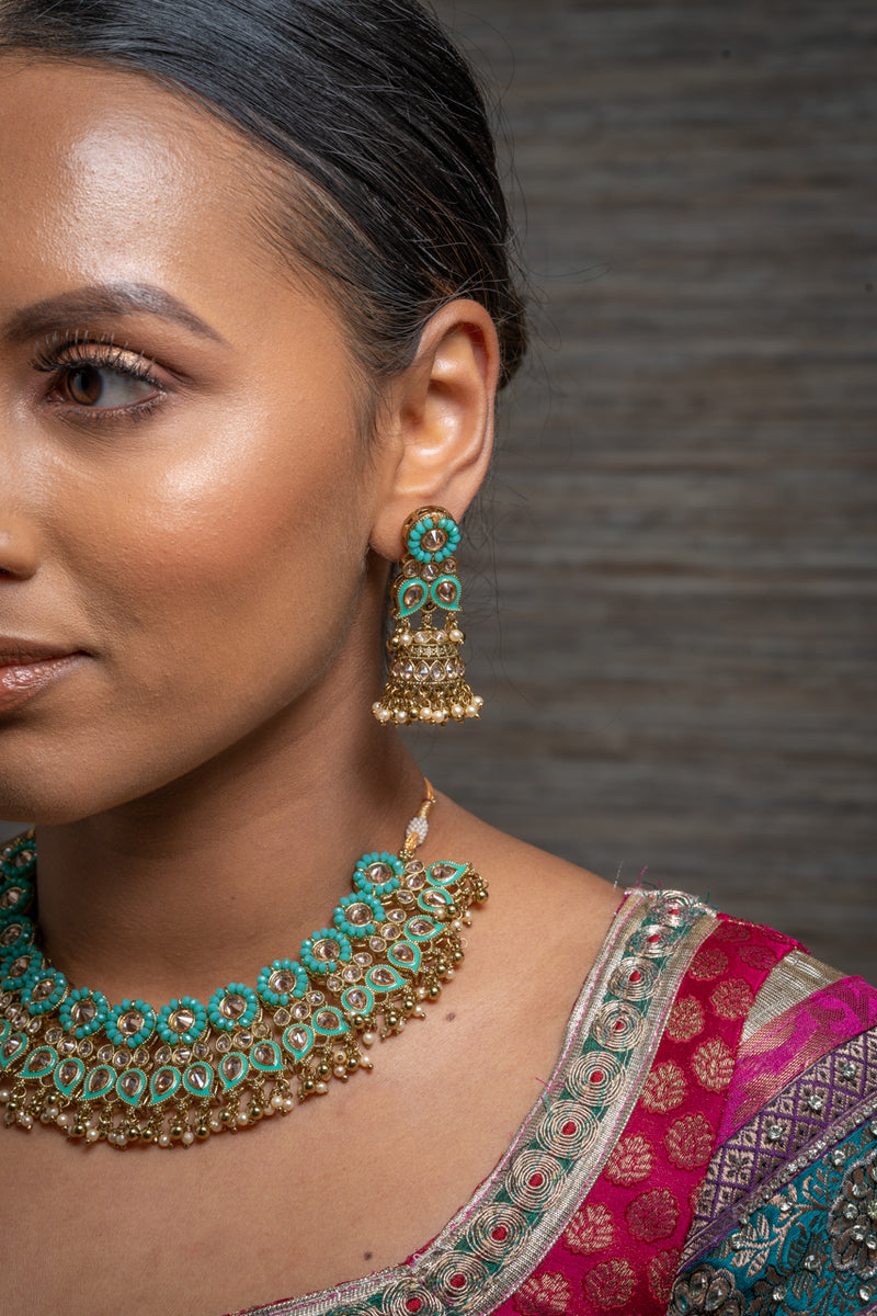 || RHEA || Blue Gold Meenakari Indian Necklace, Earrings & Tikka