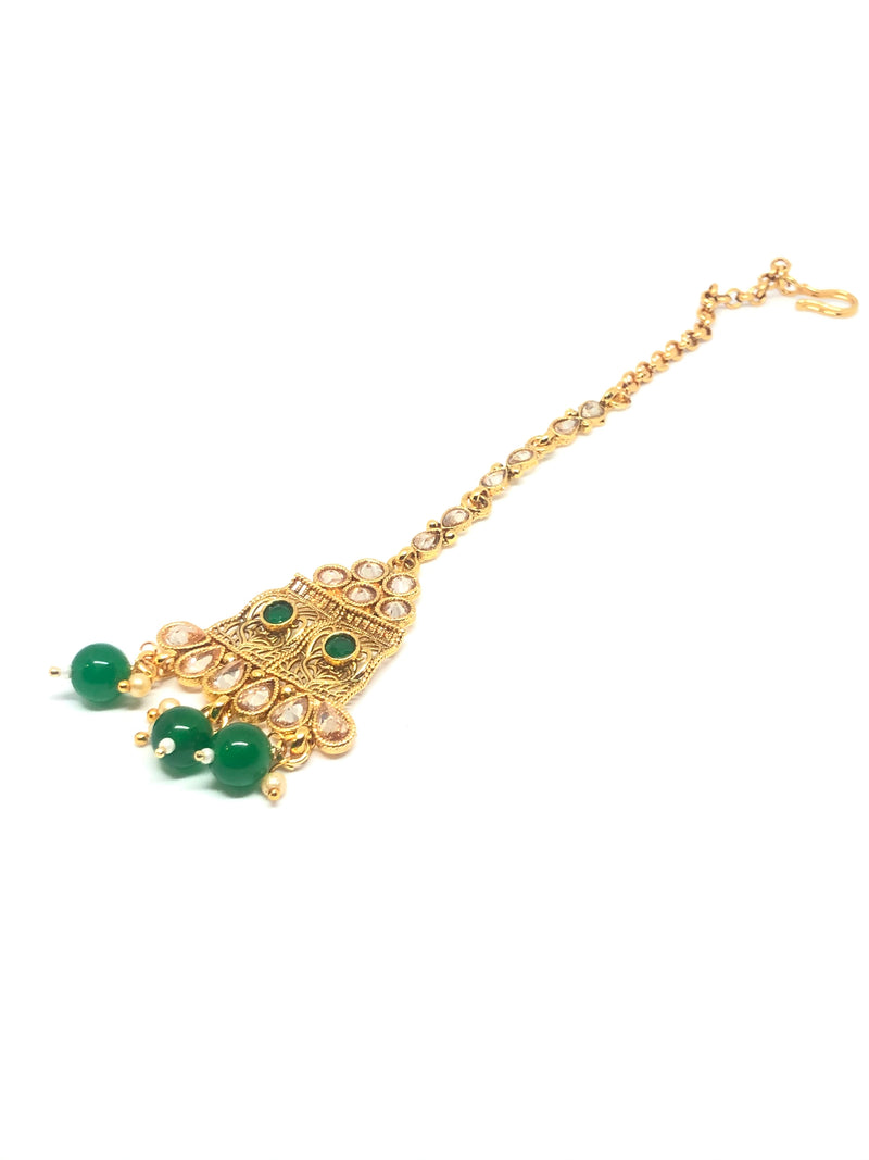 || DEVI || Necklace with Earrings & Tikka with Green Glass Beads