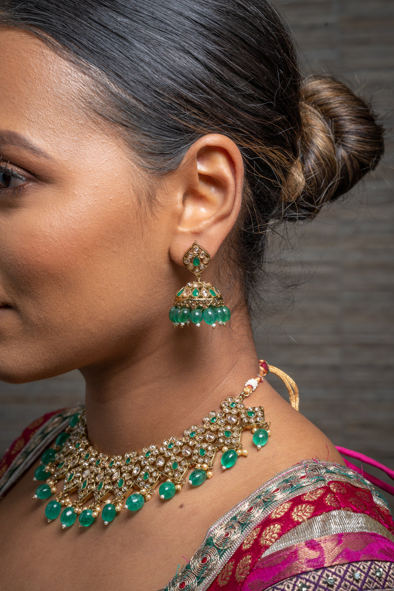 || DEVYA GREEN || Green & Gold Beaded Necklace & Jhumka Earrings Set