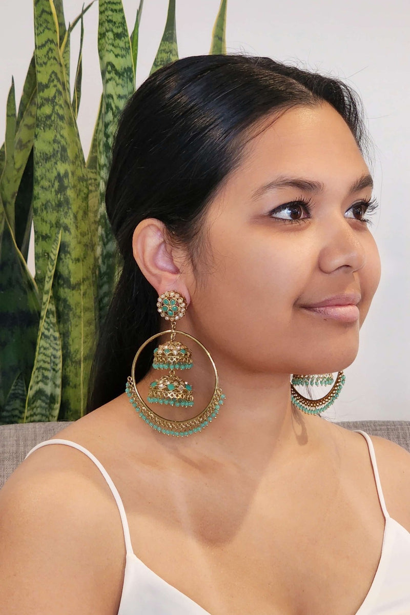 Green Large Jhumka Hoop Earrings