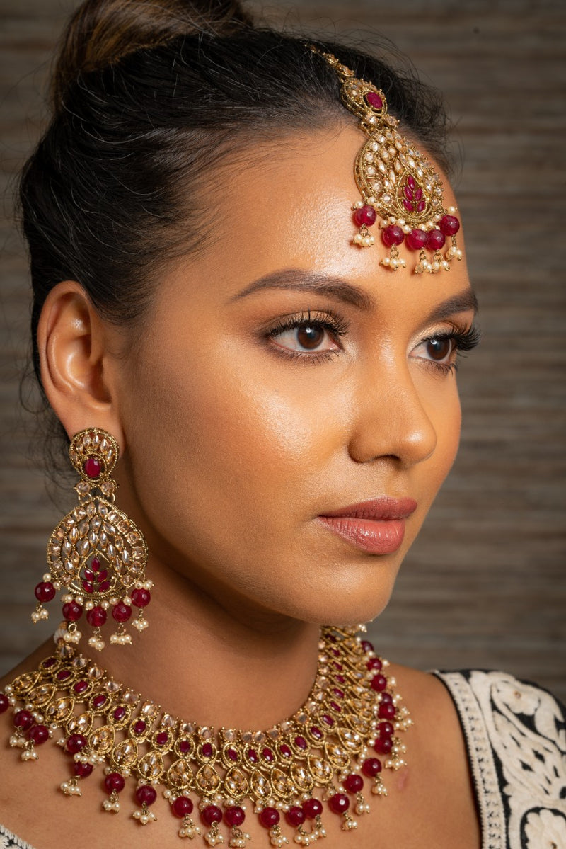 || KAVYA || Maroon Stone Choker Necklace with Earrings & Tikka with Champagne Pearls