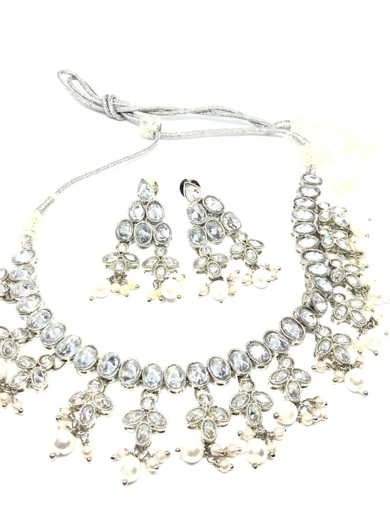 || SAANJH || Silver Necklace & Earrings Set with Oval Crystals and Pearls