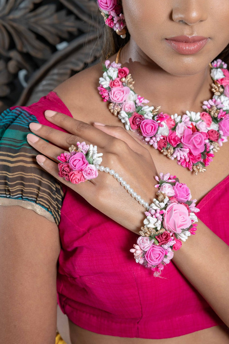 || NOVA || Floral Jewellery Pink and White with Earrings, Tikka & Hand Piece