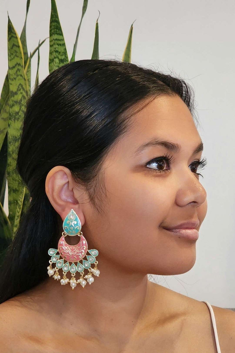 Green & Pink Meenakari Dangling Earrings