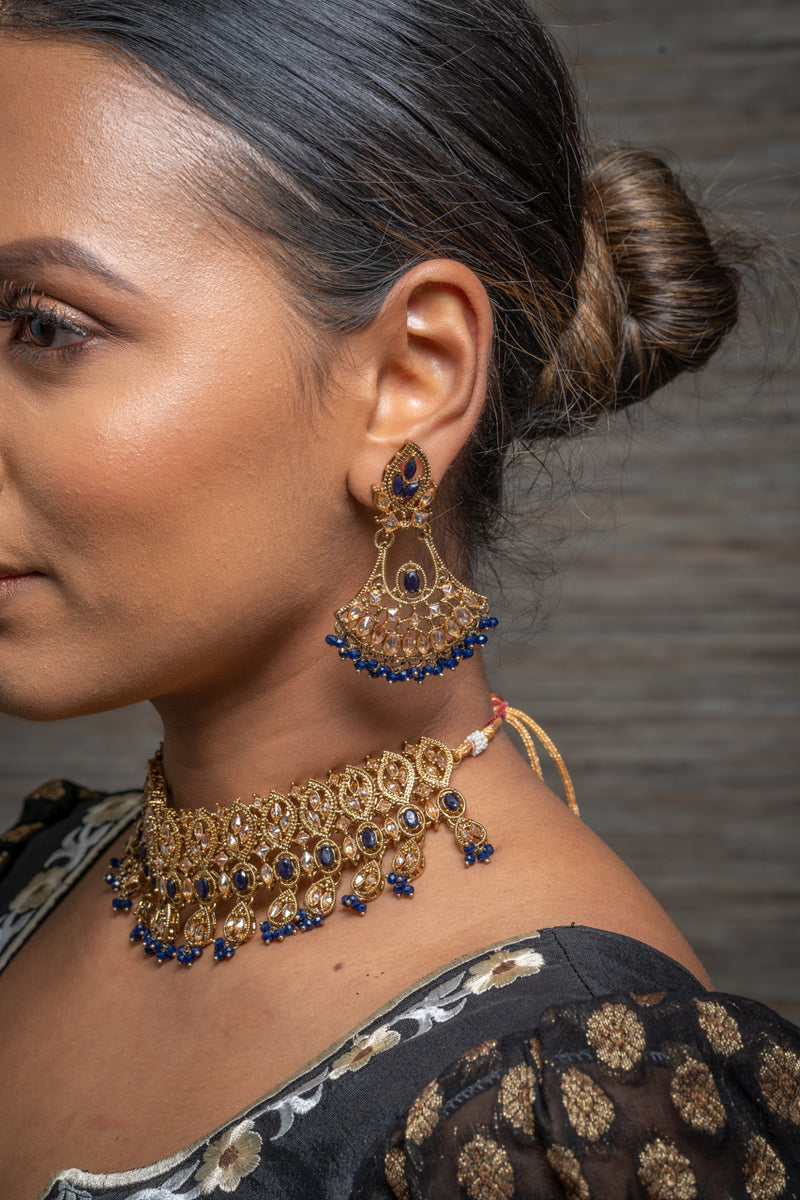 || KHOOB || Gold Indian Necklace, Earrings & Tikka in Navy Blue