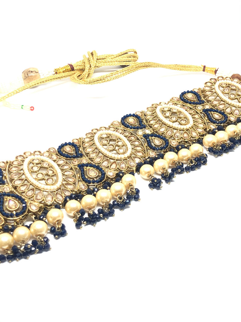 || VANI || Navy Blue Choker Necklace with Earrings & Tikka