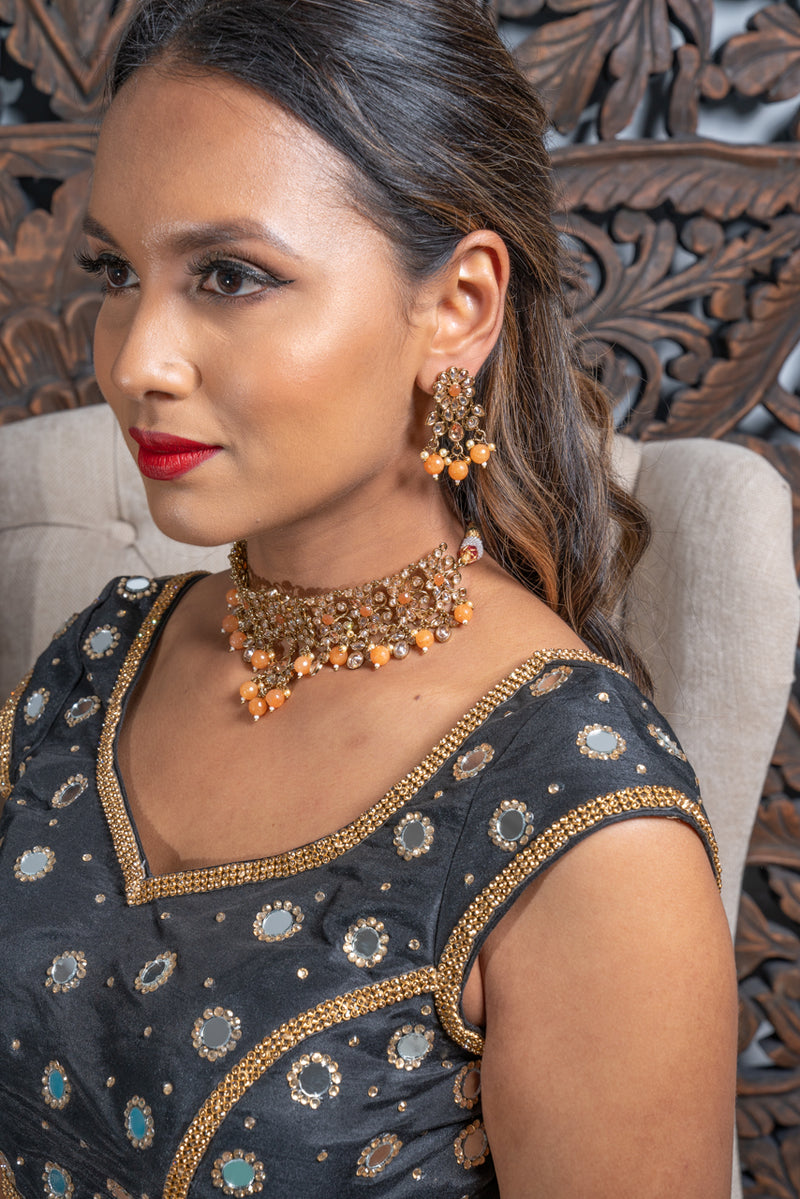 || SUKHI || Orange & Gold Beaded Necklace & Earrings Set