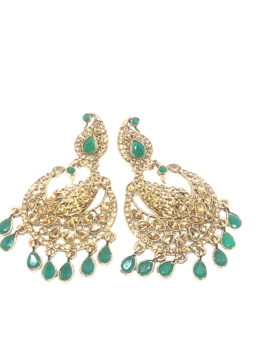 Green on Gold Peacock Earrings