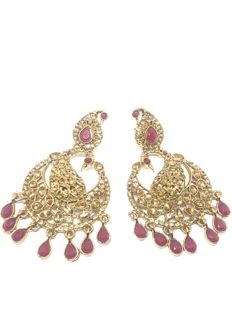 Pink on Gold Peacock Earrings