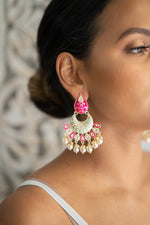 Pink & Lime Creme Meenakari Dangling Pearl Earrings